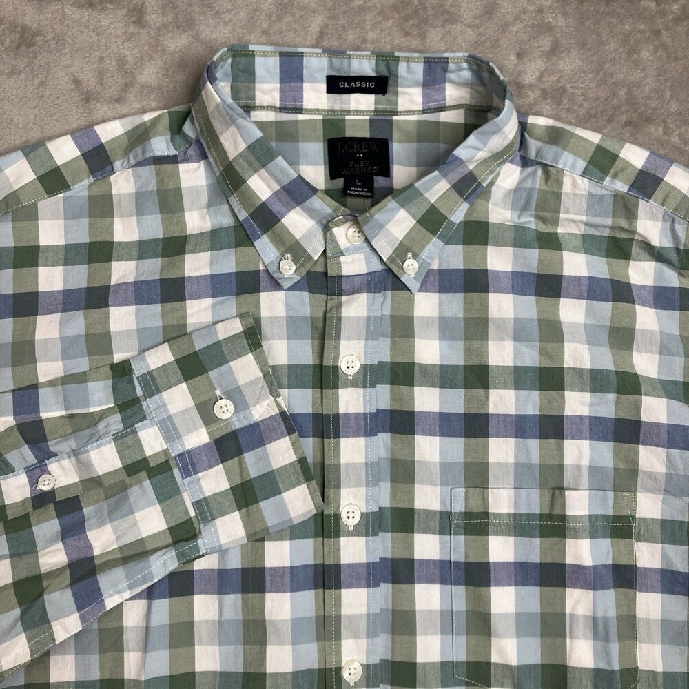 J Crew Button Down Shirt Mens L Green White Plaid Flex Washed Cotton NWT‎ BP969